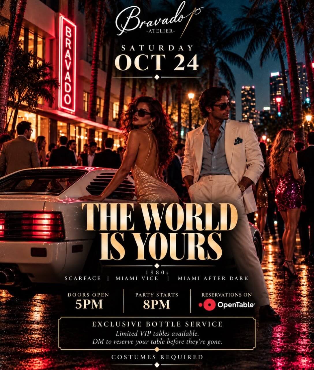 This Saturday, October 24, step into a night of Miami Vice-inspired style, craft cocktails, and ’80s glamour at Bravado.